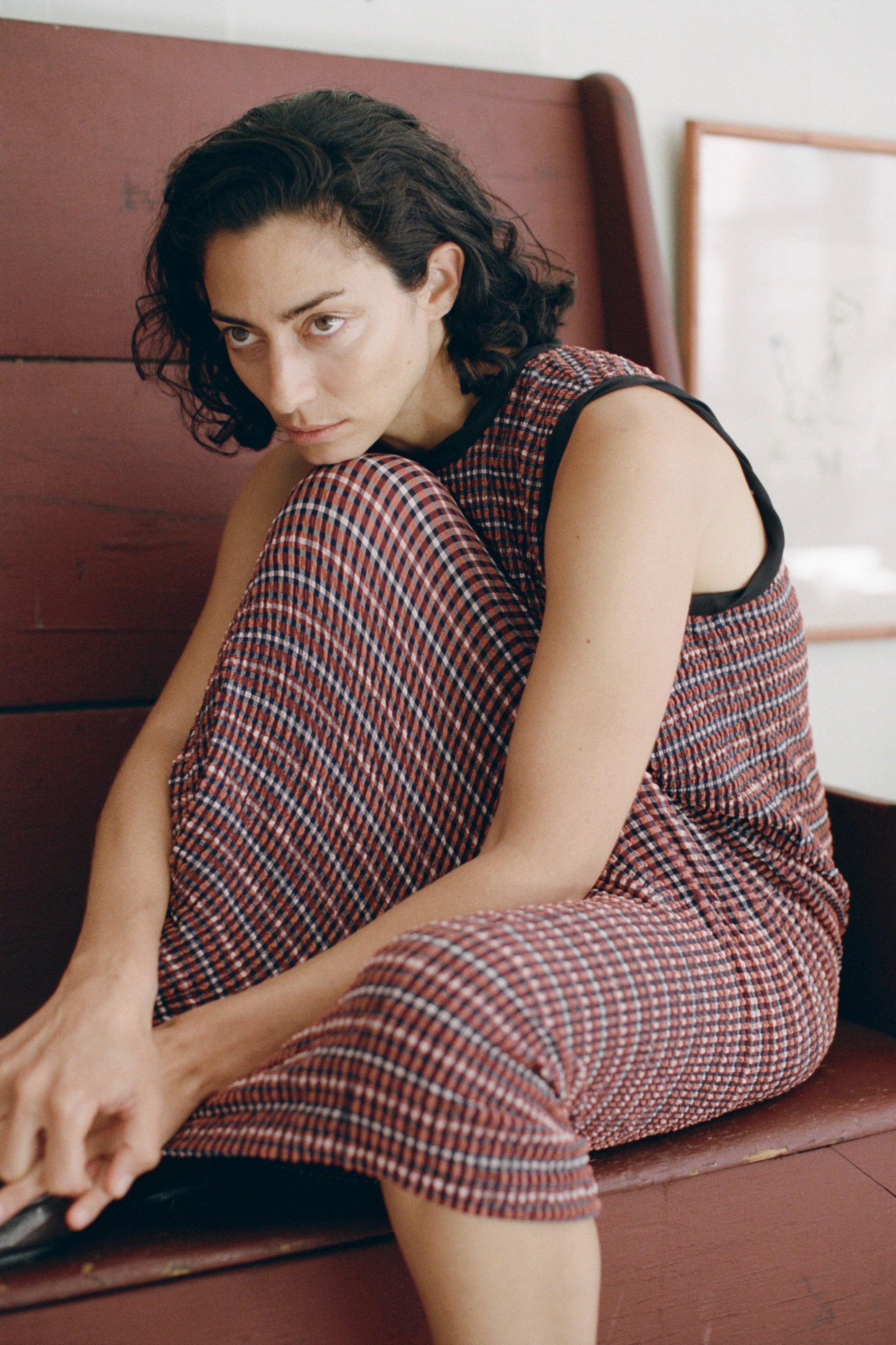Woman wearing Rachel Comey Spring 2026 plaid dress.