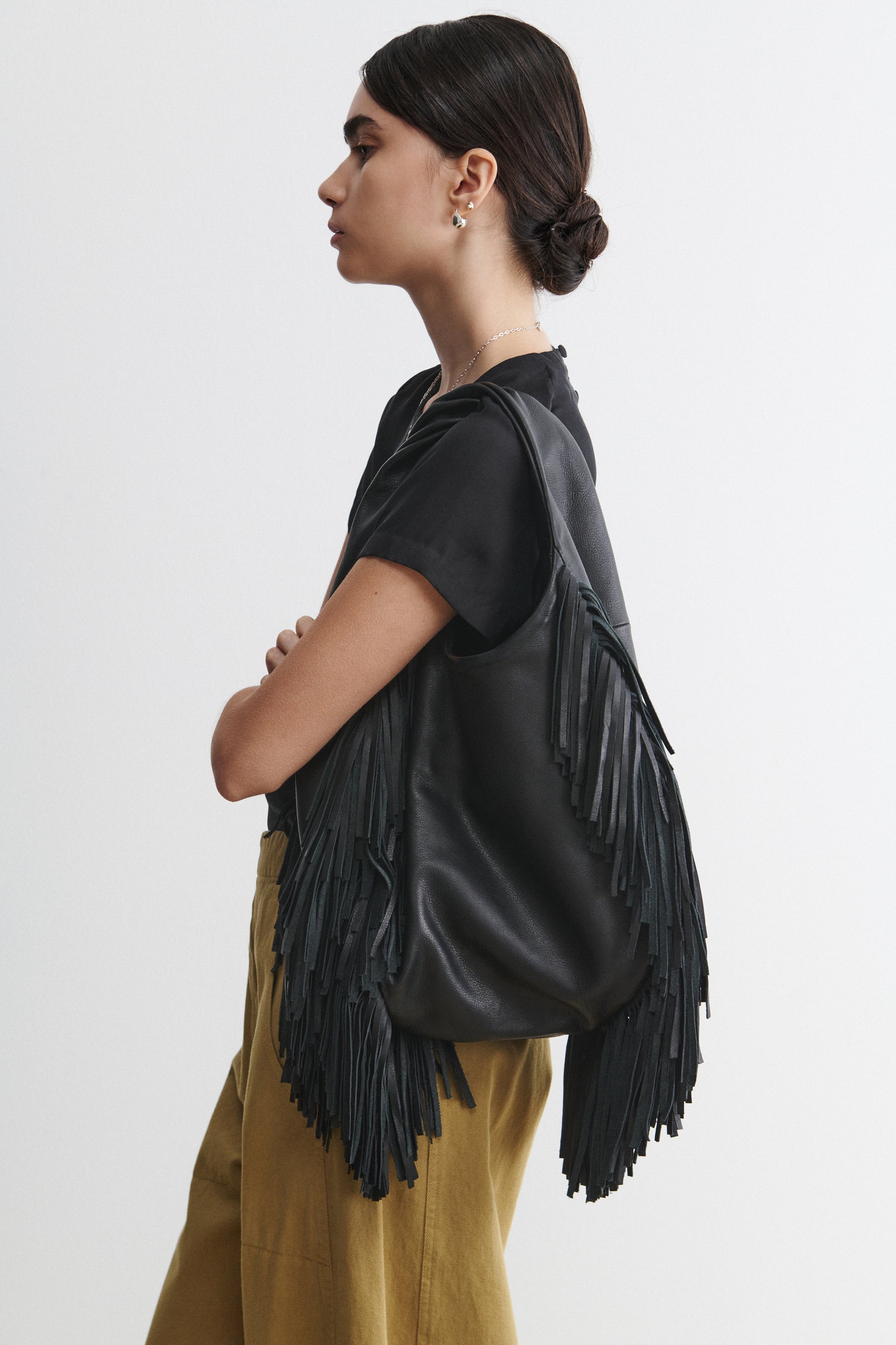 Black leather fringe bag on sale