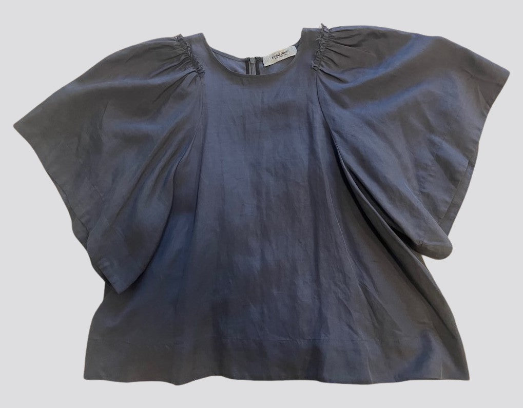 Ravine Top Short Bell Sleeve Blouse Silk Linen Blend Blue Size 8-Rachel Comey